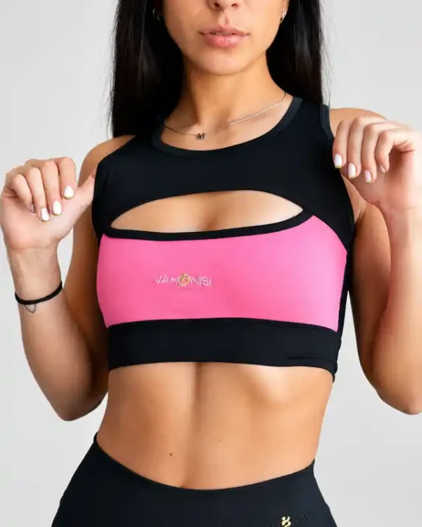 Top Emily Rosa rosa y negro detalle frontal